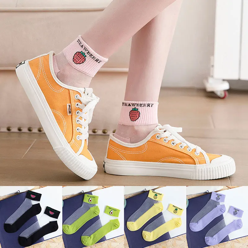 

Japanese Korea Style Casual Creative Transparent Crystal Silk Trend Women Socks Cartoon Fruit Ultra-thin Glass Silk Socks