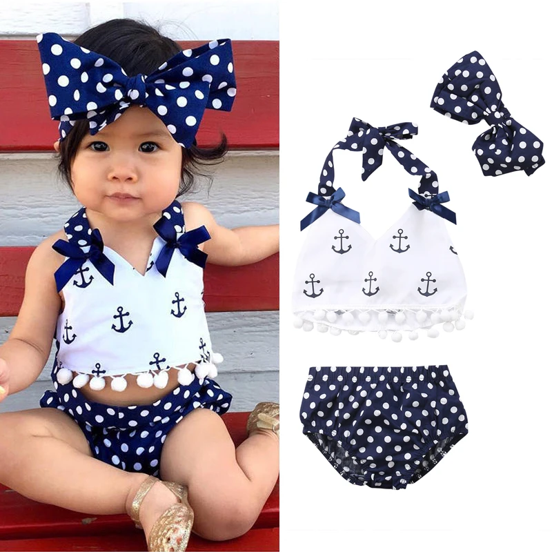 

Summer Newborn Baby Girls Clothes Tassels Vest Tops + Polka Dot Briefs Shorts + Bowknot Headband 3pcs Outfits Set Beachwear