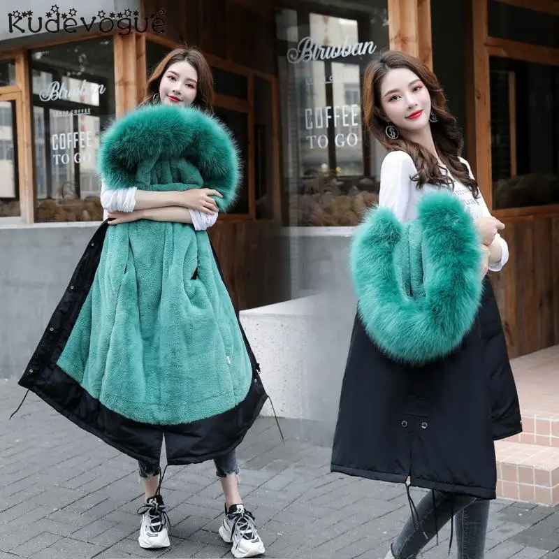 

Осенне-зимний Новый пуховик Женская Корейская версия длинной секции выше колена Свободная свободная талия была тонкая парка мех c