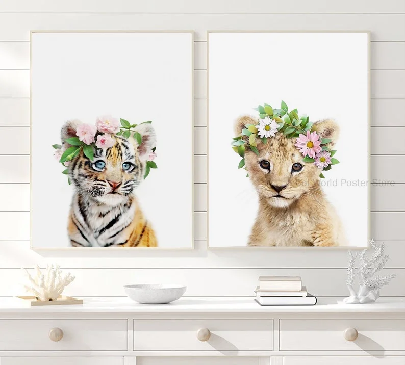 

Baby Tiger,Baby White Tiger,Lion Canvas Poster Nursery Wall Art Forest Animal