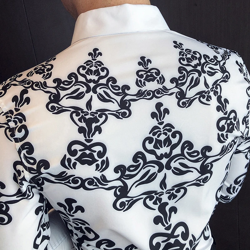 

Black Gold Floral Print Shirts For Men Baroque Slim Fit Camisa Masculina Night Club Party Shirt Men Long Sleeve Streetwear V701