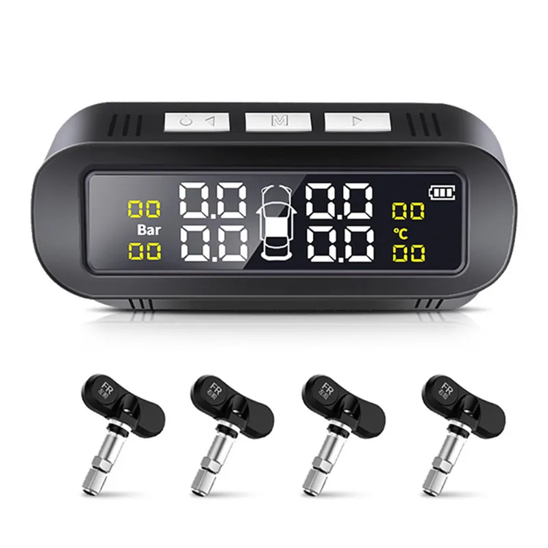 

Solar TPMS Car Tire Pressure Alarm Monitor System Display Attached to Glass Tpms Temperature Warning with 4 sensors BAR