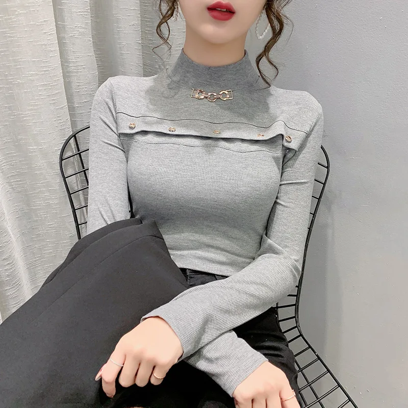 

New Elegant Fashion Women Spring Autumn Sexy Elastic Skinny Bottoming T Shirt Lady Half high collarLong Sleeve T-Shirt Tops