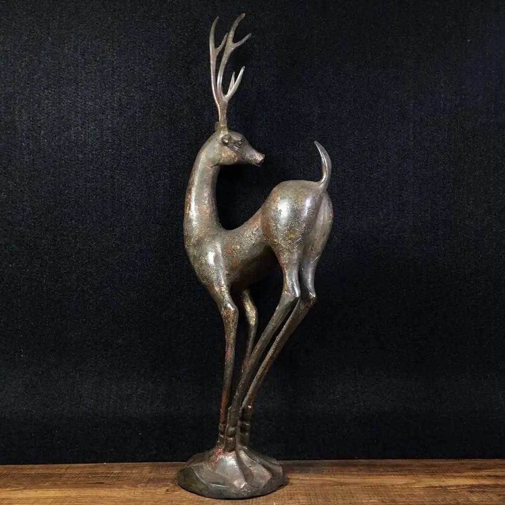 

15" Tibet Buddhism Temple Old Bronze Cinnabars Sika deer statue Standing sika deer Implication Auspicious longevity