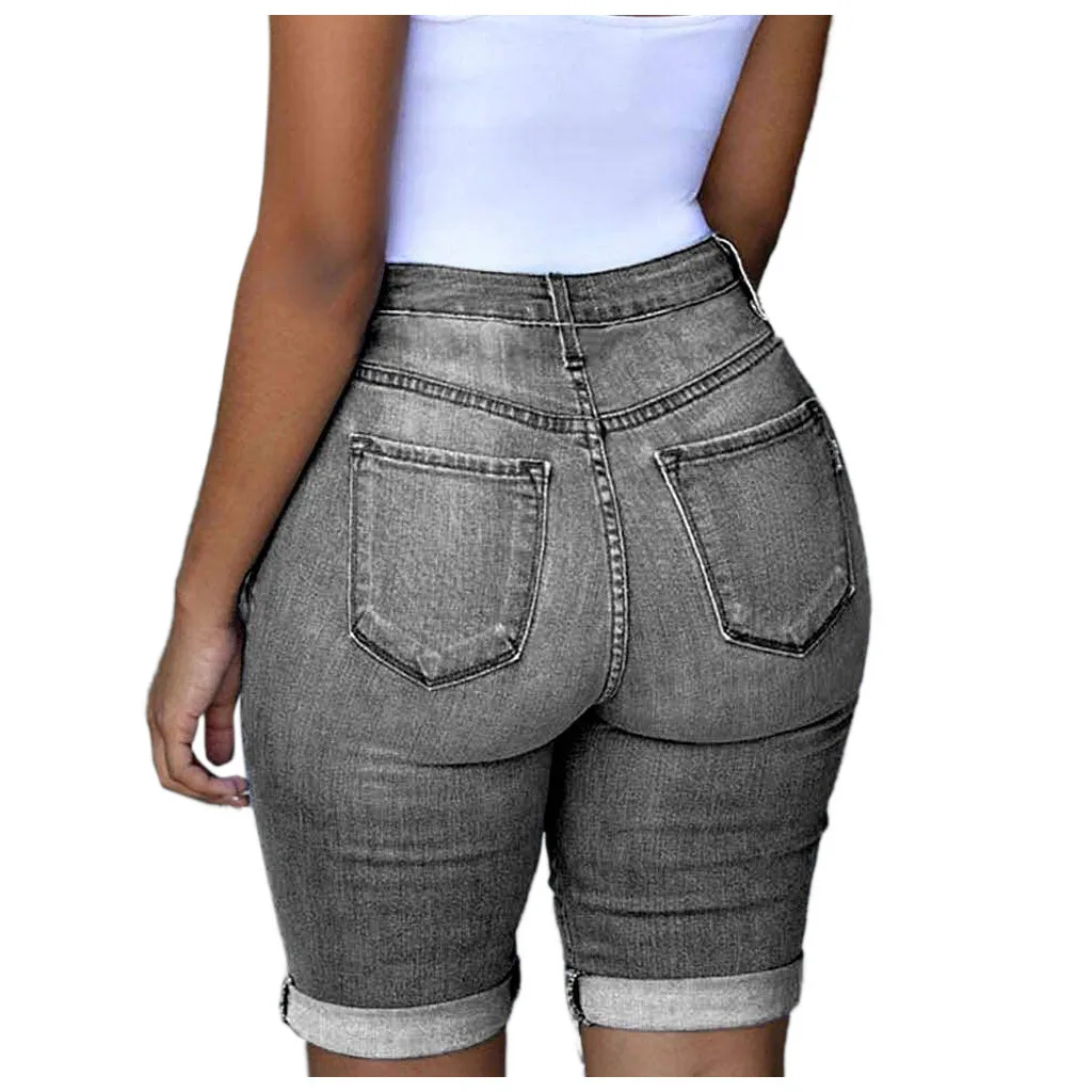 Джинсовые шорты с высокой талией эластичные спортивные для фитнеса рваные