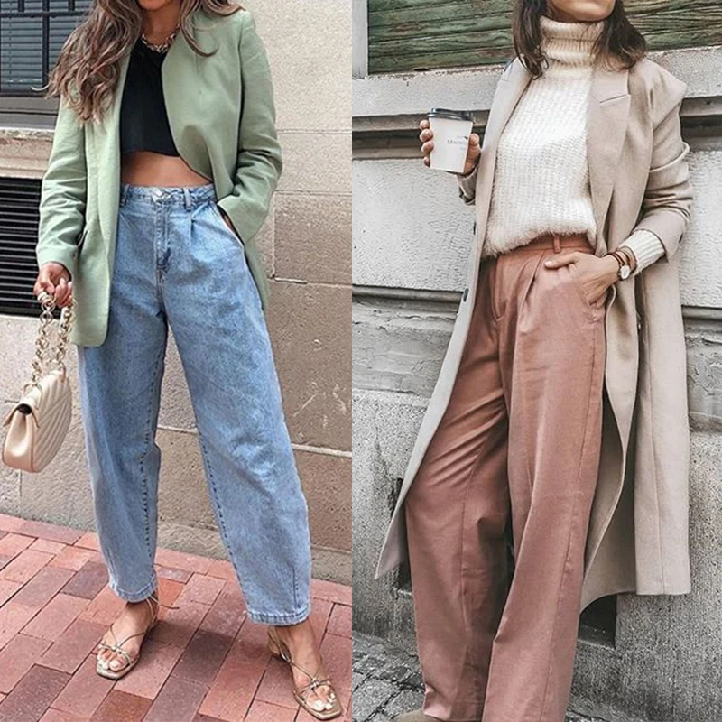 

Women Streetwear Pleated Mom Jeans High Waist Loose Slouchy Jeans Pockets Boyfriend Pants Casual Ladies Denim Trousers 2020