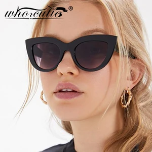 Очки солнцезащитные WHO CUTIE женские, винтажные брендовые дизайнерские очки кошачий глаз, с матовой розовой оправой, в стиле ретро, модные черные, S091