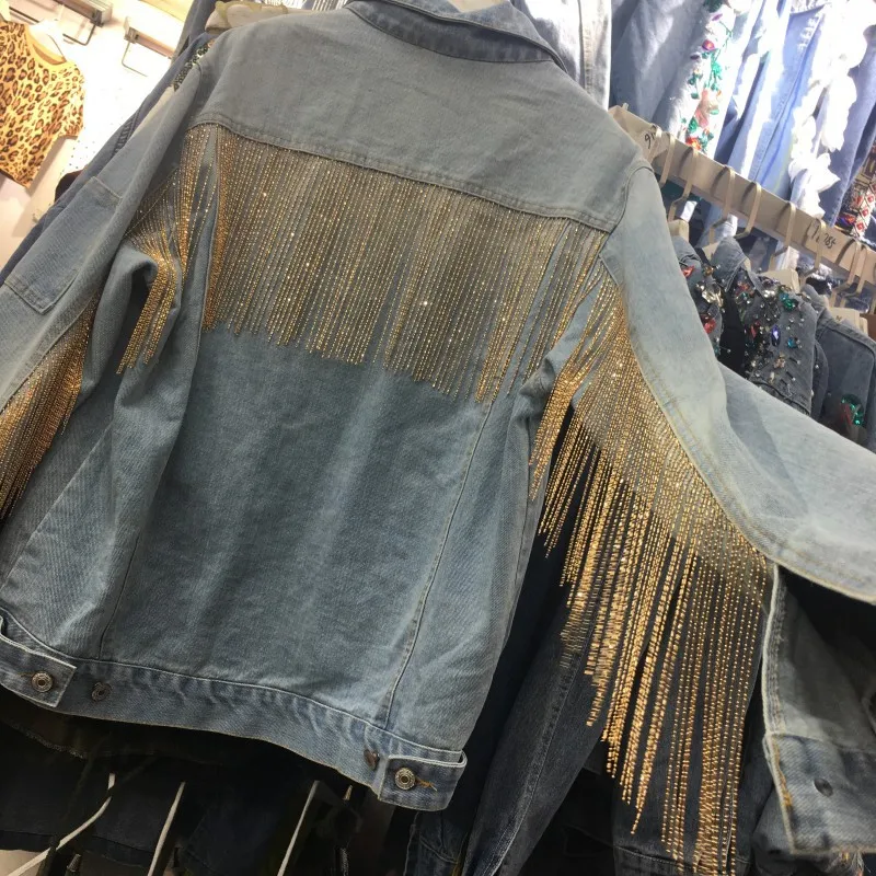 

2019 early autumn luxury heavy metal chain tassel pendant washed denim jacket female