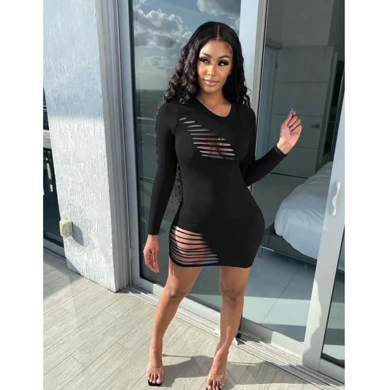 

2021 Summer New Women Sexy Hole Burnt Flower Solid Color Bodycon Dress