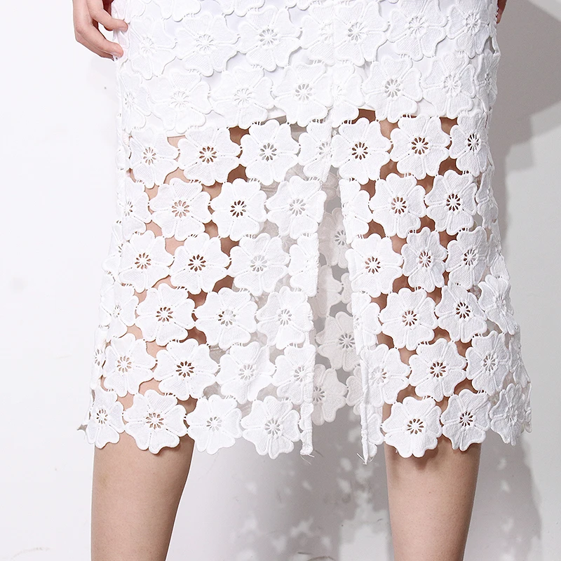 

TWOTWINSTYLE White Three Piece Set For Women O Neck Short Sleeve Tops High Waist Skirts Hollow Out Sets Female 2021 Fashion