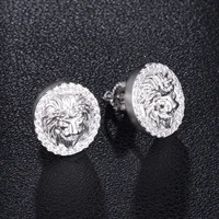 personality silver plated lion head earrings white zircon cz earrings iced out rhinestone earrings for men women hip hop jewelry