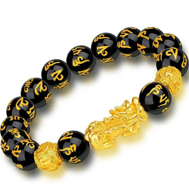 Unisex Men Bracelet Lucky Buddha Obsidian Stone Bead Bracelets Chinese FengShui Pi Xiu Color Changing Wristband Wealth | Украшения и