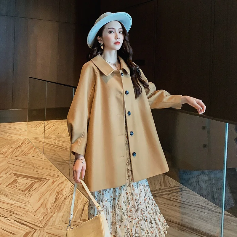 

Woolen Coat Women's Long Korean Version of The New Winter Single Breasted Loose-Fit Was Thin Fashion Cloak Wool Coat