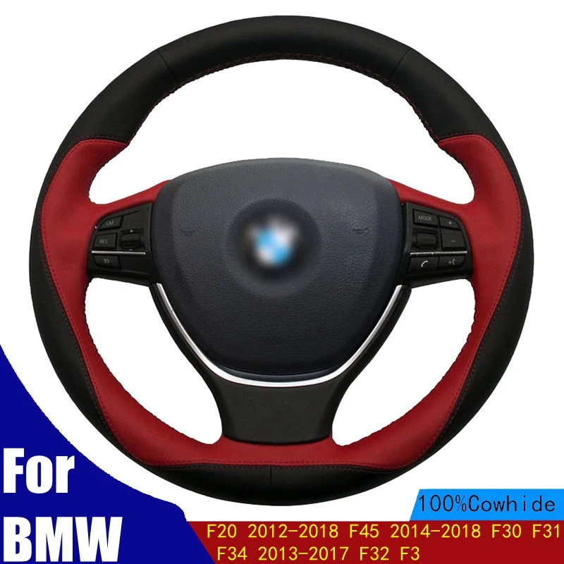 

Hand-stitched Car Steering Wheel Cover Black Red Leather For BMW F20 2012-2018 F45 2014-2018 F30 F31 F34 2013-2017 F32 F3