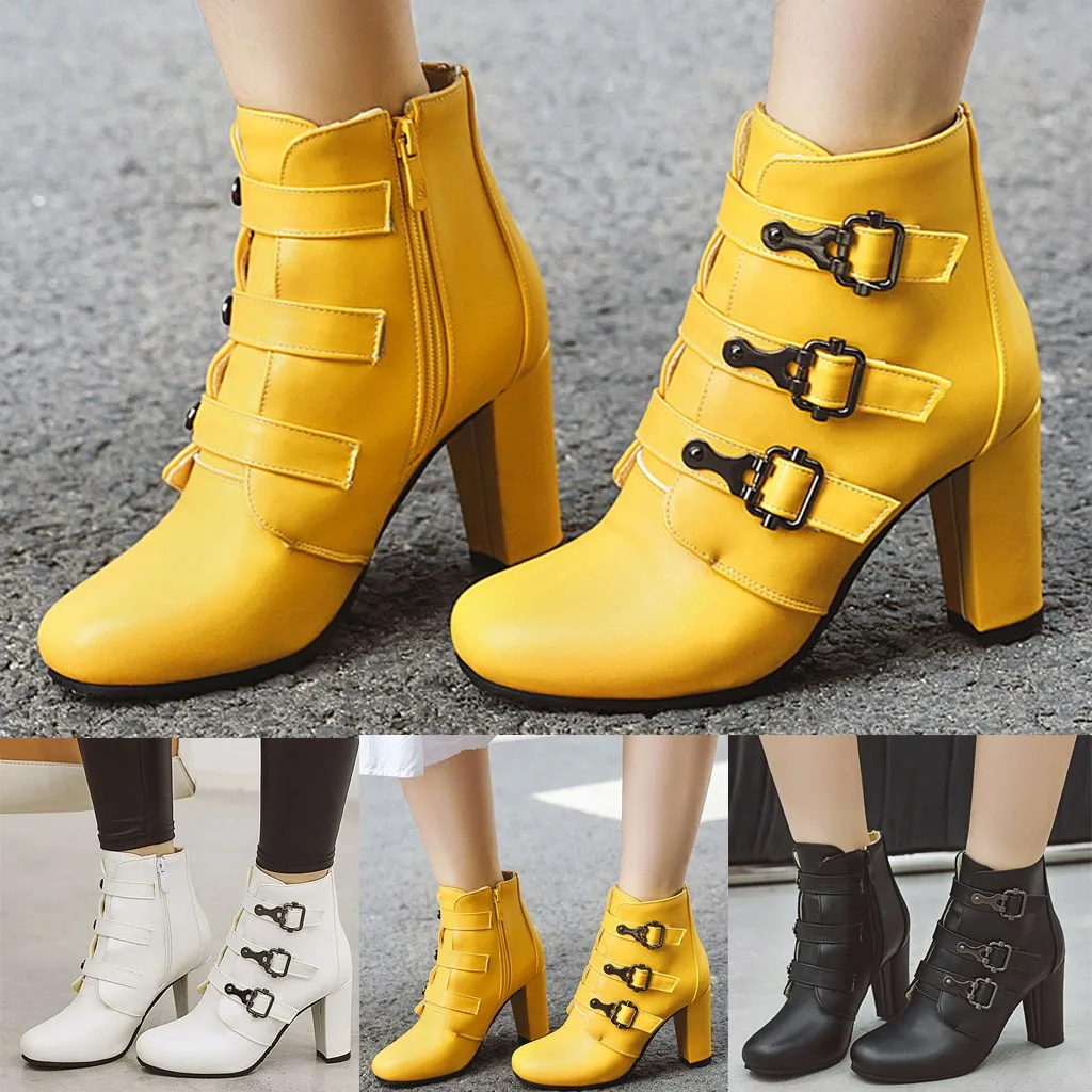 

SAHACE 2019 New PU Leather Footwear 2020 New Arrival Ankle Boots Rubber Riding Feminine Shoes Women's High Heels Booties 10