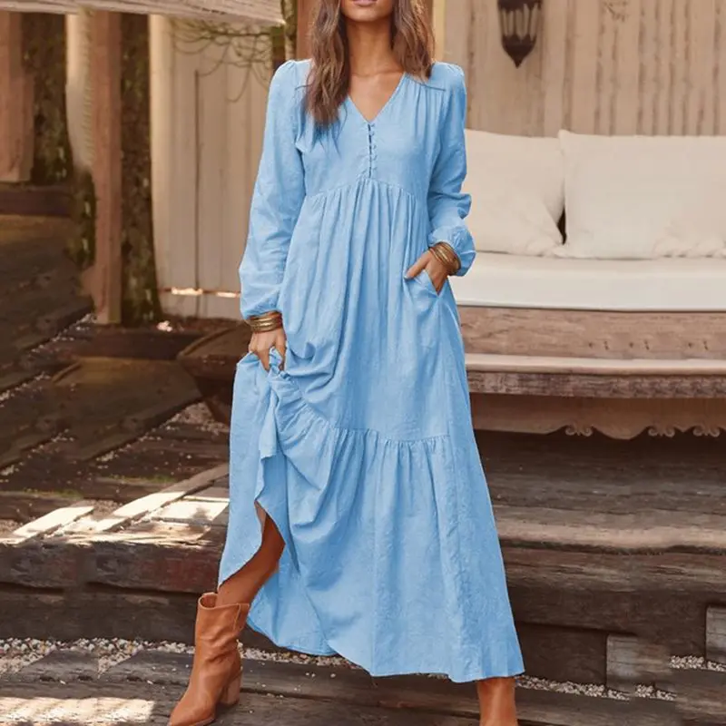 Boho Макси платье, женское платье, осень, женское богемное платье, длина до лодыжки, v-образный вырез, пуловер, простые платья, женские платья