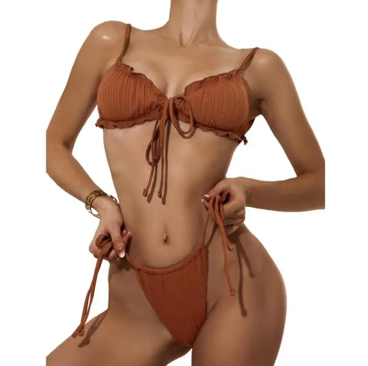 

Women Split Swimsuit Set Solid Color Bikini with Ruffles+Lace-up Panties+See-through Mesh Cover Ups