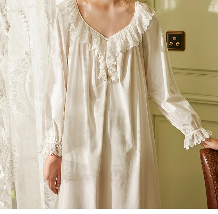 

2021 Spring and Autumn Court Style Nightgown Long-Sleeved Long Princess Fairy Nightdress Cotton V-neck Sexy Lace Pajamas Spring