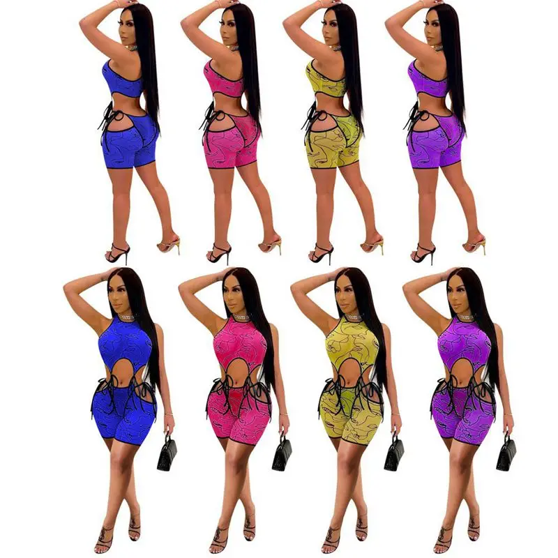 

Комплект из двух предметов для женщин, майка без рукавов и шорты с принтом на шнуровке, Клубная одежда, спортивная одежда, уличная одежда, ве...