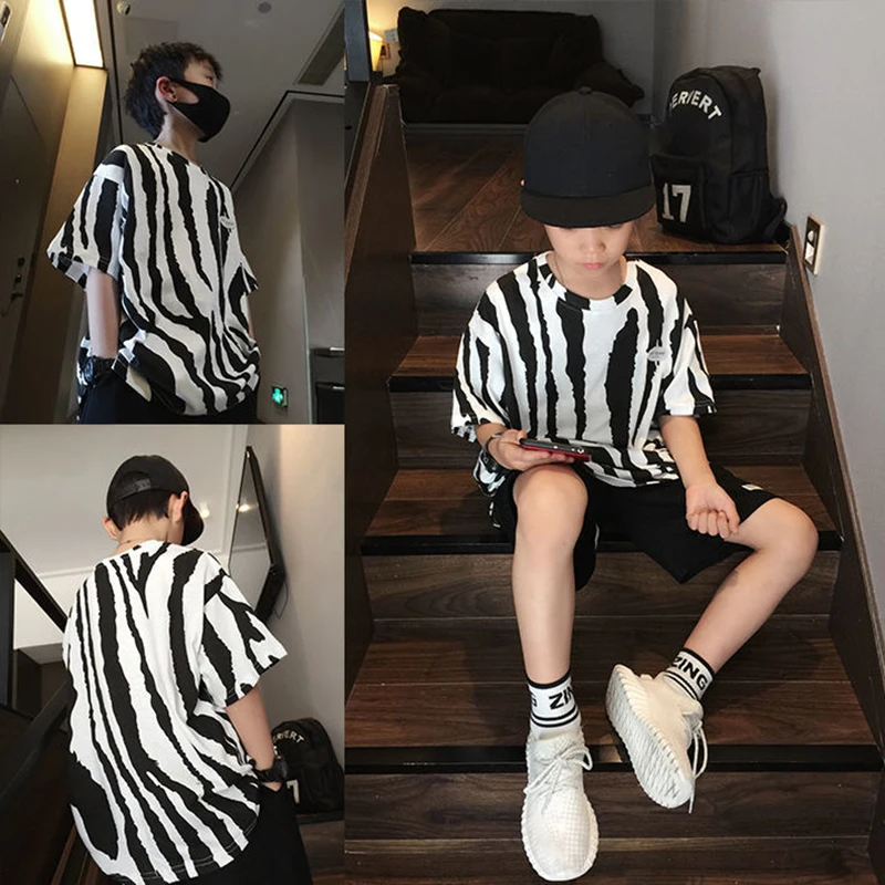 

Boy Clothes Short Sleeve Kids T Shirt Cool Summer Cotton Zebra Striped Print Fashion Oversized Tops Tee 2 To 8 Years Black White