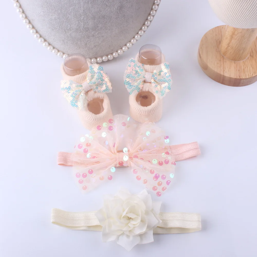 Baby 3Pcs Set Headband + Socks Kids Newborn Cartoon Boat Socks Lace Anti-slip Sock Shoes Boots Bowknots Floor Slipper Socks