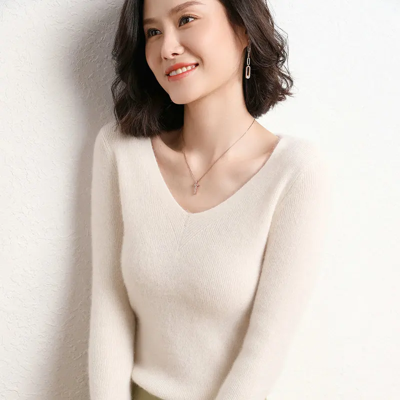 

2022 Autumn Winter Women Sweater 100% Pure Cashmere Knitted Ribbed Pullover Solid Long Sleeve V-Neck Slim Jumper Pull Femme