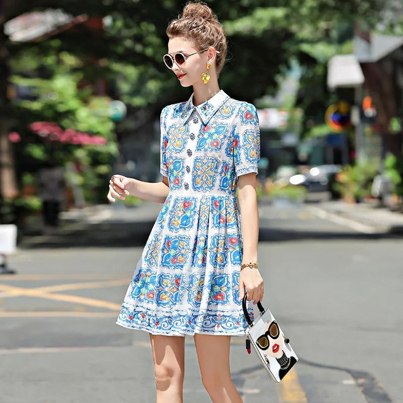 

DIDABOLE Designer Summer New Women'S High-Quality Diamond Lapel Button Printing Vintage Fashion Elegant Party Casual Mini Dress