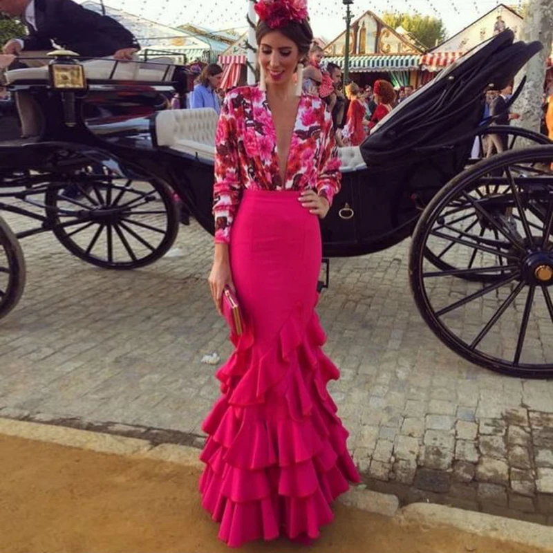 Женская юбка годе с оборками длинная розовая до пола в стиле ретро макси для