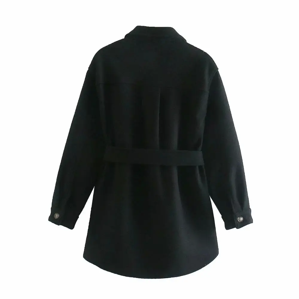 

XNWMNZ Za Women 2020 Fashion With Belt Loose Woolen Jacket Coat Vintage Long Sleeve Side Pockets Female Outerwear Chic Overcoat