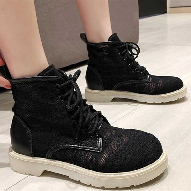 Летние черные и белые женские повседневные ботильоны на шнуровке дышащая обувь