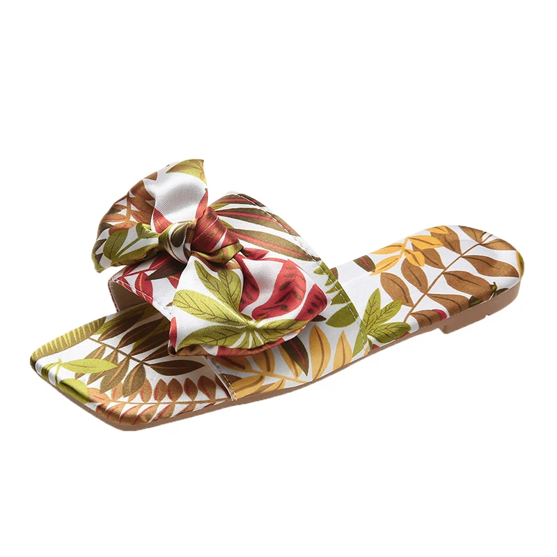 

Summer Trend Floral Print Slippers Women Pu Leather Bow-tied Flat Heel Open Toe Outdoor Beach Casual Slides Ladies Shoes Female