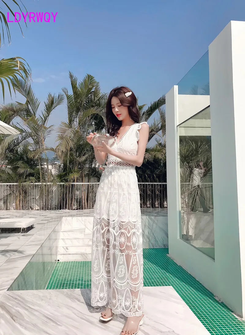 

[LDYRWQY] Beach vacation split open back lace cutout dress Sleeveless Knee-Length Natural V-Neck Polyester Office Lady