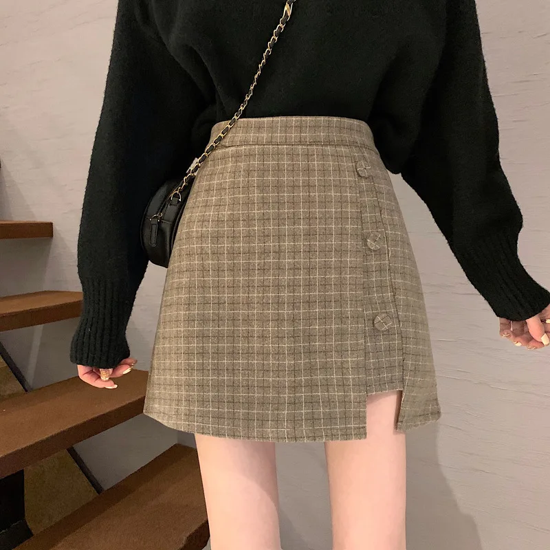 

Женская короткая шерстяная юбка в клетку, модная трапециевидная юбка в стиле ретро с высокой талией, Привлекательная юбка для молодежи, ...