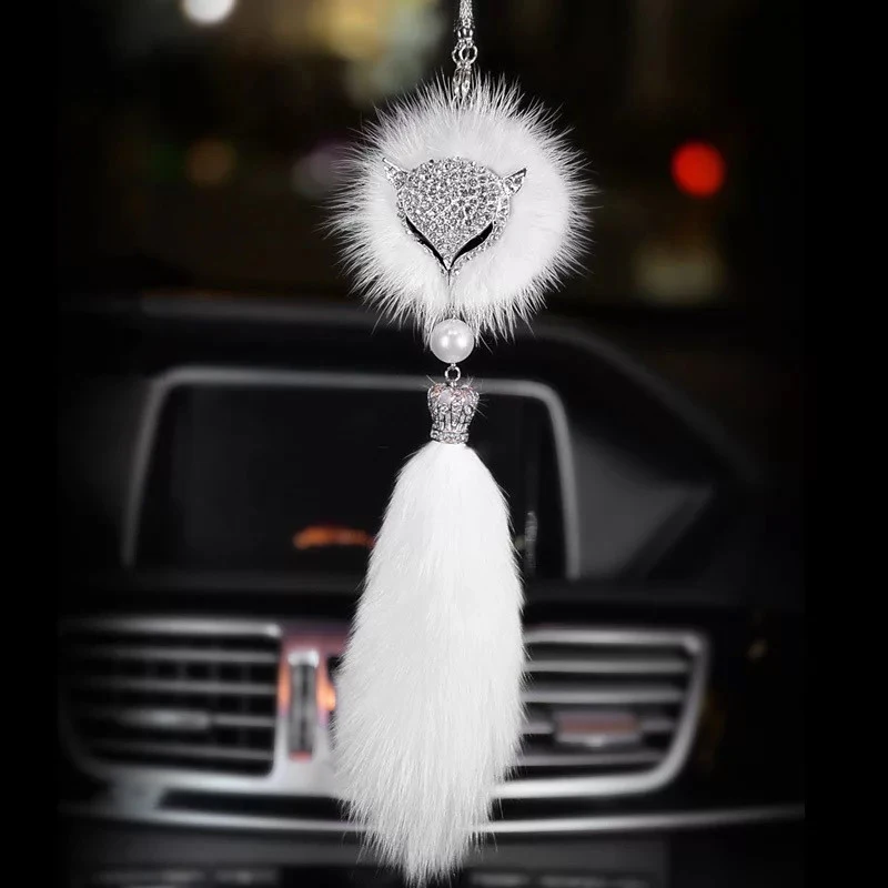 

Fashion Car Fox Head Pendant Car Rearview Mirror With Diamond Sable Pendant Protect Safety Car Pendant Creative Gifts