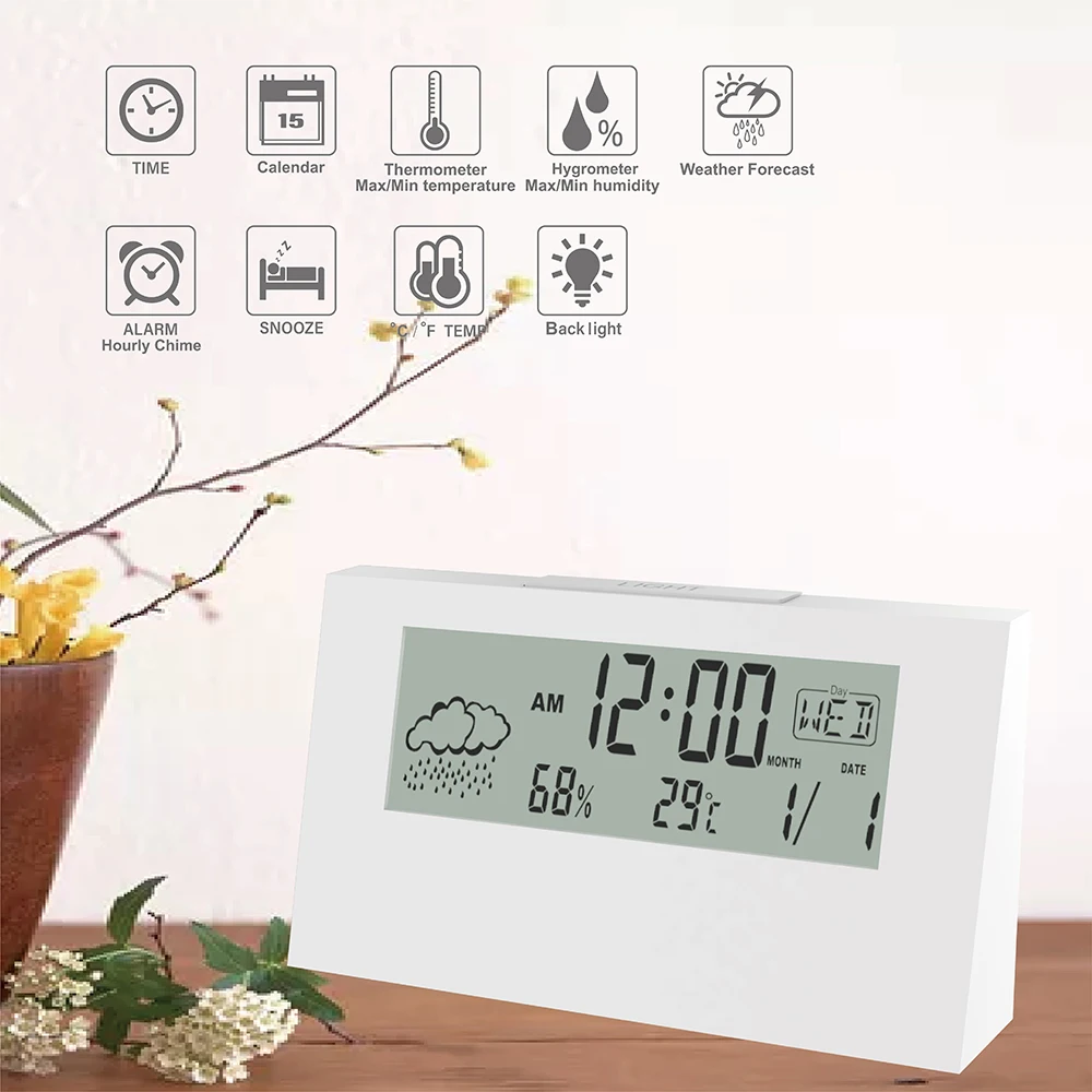 Elektrikli LCD masa çalar saati takvim ile beyaz ve dijital sıcaklık nem Modern ev ofis seyretmek pil işletilen