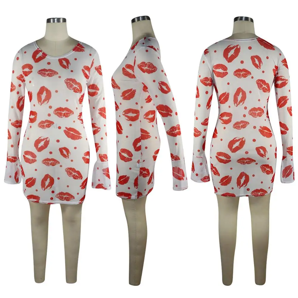 

Spring summer dress sexy see-through gauze lip print nightclub dress