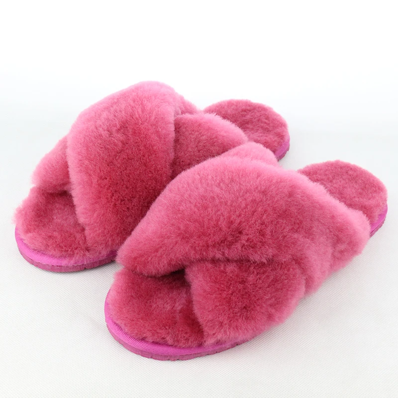 Peach Pink Зимние теплые меховые тапочки из натуральной овечьей кожи; женская домашняя обувь; домашние тапочки; коллекция года; Роскошные шерстяные тапочки; Женские Повседневные тапочки; UVWP - Цвет: Peach Pink