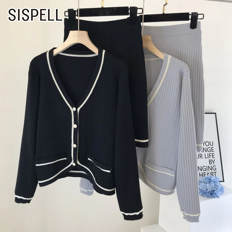 

Женский Повседневный вязаный костюм SISPELL, комплект из двух предметов, жакет с длинным рукавом и V-образным вырезом и приталенная юбка с высок...