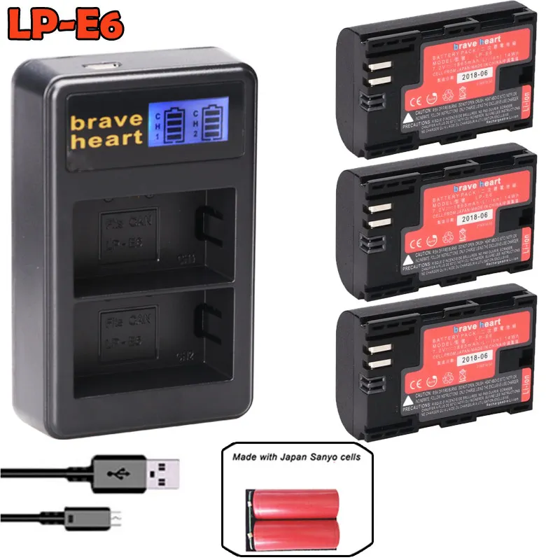 charger and 3battery Bateria LP-E6 LP E6 LPE6N батарея камеры Япония Sanyo сотовый+ светодиодный USB двойной зарядное устройство для Canon EOS 5DS R 5D Mark II 5D 6D 7D 80D - Цвет: charger and 3battery