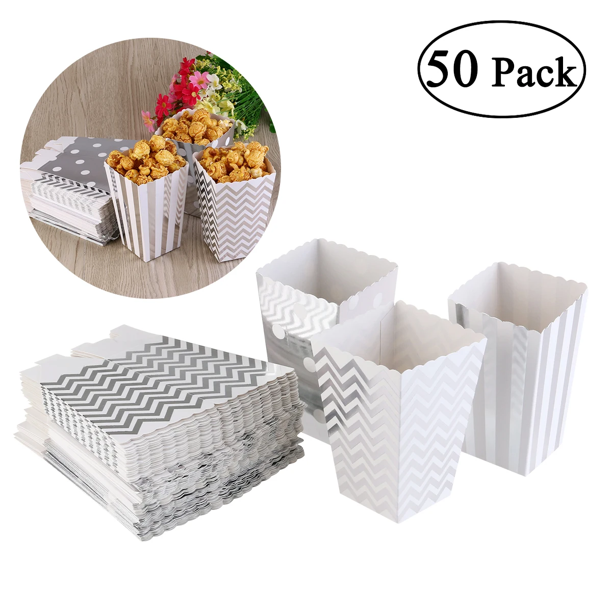 50pcs Silver As Pic 50 шт/24 шт Мини Фольга Золотая, серебряная Конфета попкорн коробки контейнеры для закусок дети партии лечения сумки Свадебные Кино украшения поставки - Цвет: 50pcs Silver As Pic