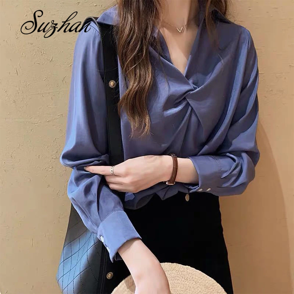 Suzhan хит продаж Женские топы и блузки Blusas Mujer De Moda 2019 рубашки одноцветные v образный