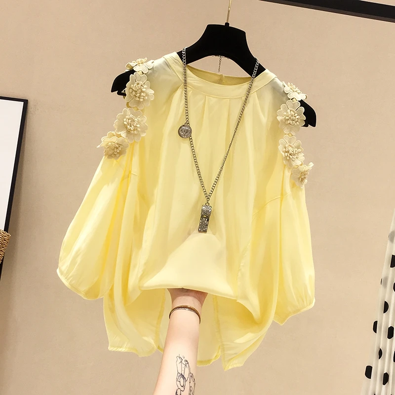 

Plus Size Flower Chiffon Shirt Autumn Korean Style Loose Off Shoulder Female Blouse Solid Color2021
