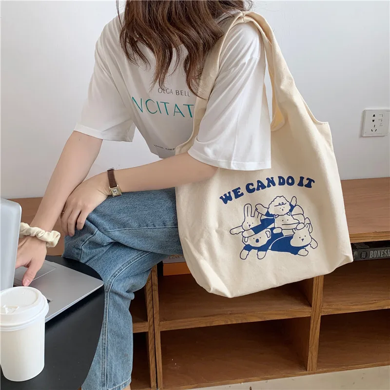 

Ladies Canvas Shopping Bag Female Simple Cute Cartoon Printing Handbag Women Eco-Friendly Grocery Bag Girls Casual Shoulder Bag