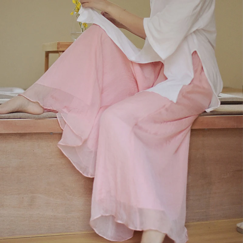 

Cheongsam Hanfu pants female fairy ancient style tulle cotton and linen wide-leg pants summer Chinese dance hakama summer casual