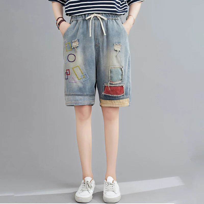 

Korean Knee Length Shorts Women Patchwork Baggy Ripped Denim Jeans Mom Short Feminino High Waist Plus Size Wide Leg Short Pants
