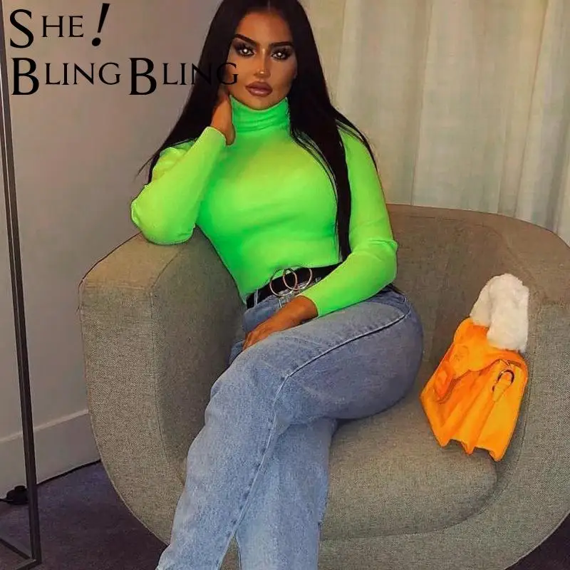 SheBlingBling с длинным рукавом облегающее платье высокой горловиной флуоресцентного