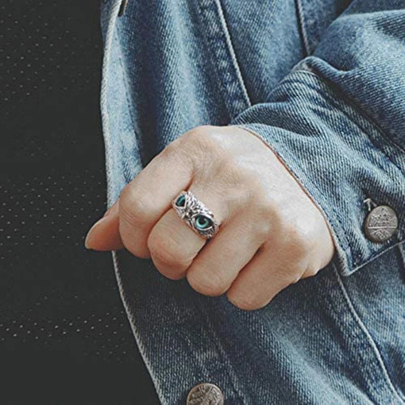 

925 Sterling Silver Demon Eye Owl Ring Retro Vintage Head Ring For Men Women Adjustable Band Ring Size 8-10 Кольца 2021 Тренд