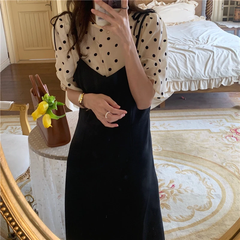 

2021 New Women Summer Dresses Fake Two Pieces Fashionable Polka Dot Elegant High Waist Vintage Korean Lady Long Dresses