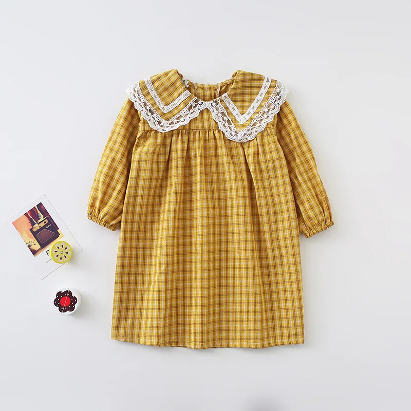 Baby Girls Plaid Dress Korean Style Autumn New Chic Children Princess Dresses Lace Collar Robe Toddlers Kids Clothes