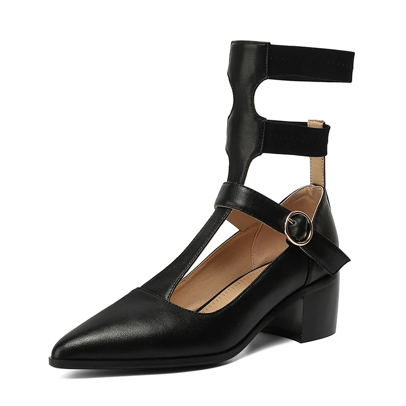 

Roman Style Pumps Woman Hollow Out Shallow Genuine Leather High Heels Ladies Shoes Buckle Strap Square Heel Dress Shoes